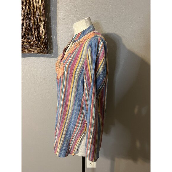 Soft Surroundings Top XS Striped Embroidered Beaded Cotton Tunic Long Sleeve - Picture 8 of 9